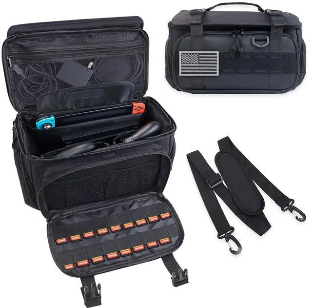 Main image of Tactical Travel Gaming Bag Compatible with Nintendo Switch/ Switch 2 All in One Carrying Case for Steam Deck, AC Adapter, Controllers, Protective Bag with Flag Patch &18 Game Card Slots (Black)