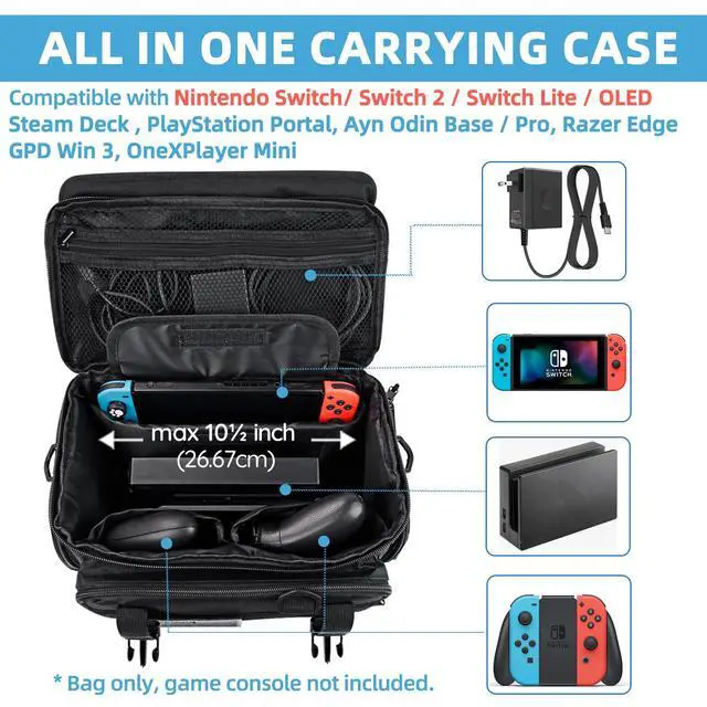 Alt view image 2 of 7 - Tactical Travel Gaming Bag Compatible with Nintendo Switch/ Switch 2 All in One Carrying Case for Steam Deck, AC Adapter, Controllers, Protective Bag with Flag Patch &18 Game Card Slots (Black)
