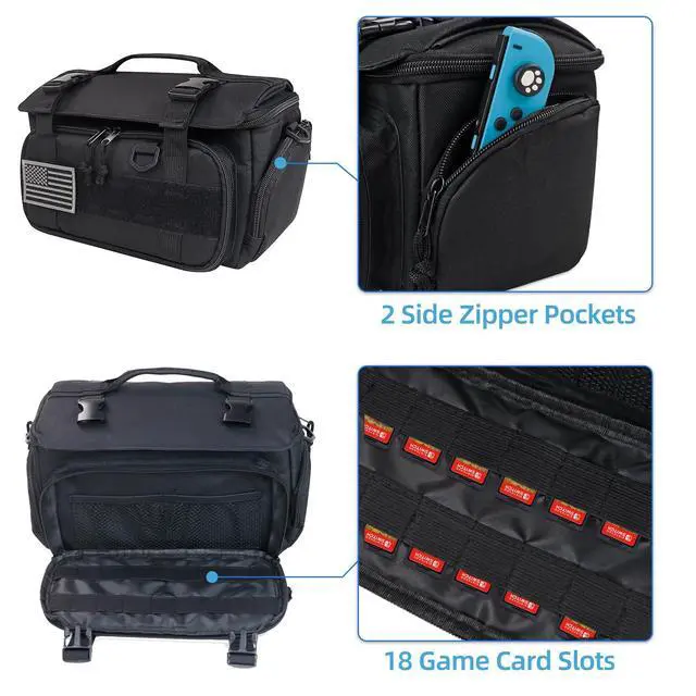 Alt view image 3 of 7 - Tactical Travel Gaming Bag Compatible with Nintendo Switch/ Switch 2 All in One Carrying Case for Steam Deck, AC Adapter, Controllers, Protective Bag with Flag Patch &18 Game Card Slots (Black)
