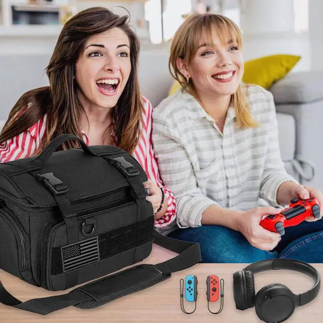 Alt view image 7 of 7 - Tactical Travel Gaming Bag Compatible with Nintendo Switch/ Switch 2 All in One Carrying Case for Steam Deck, AC Adapter, Controllers, Protective Bag with Flag Patch &18 Game Card Slots (Black)