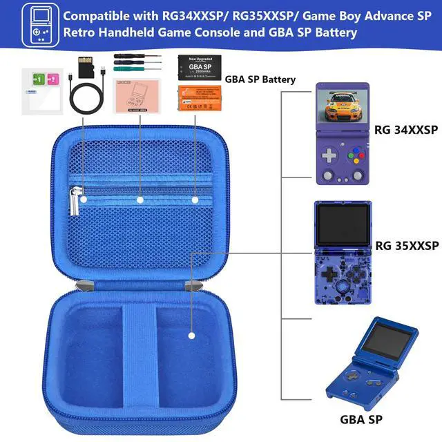 Alt view image 2 of 7 - Hard Carrying Case for Anbernic RG Rotate/ RG34XXSP/ RG35XXSP Retro Handheld Game Console/ Game Boy Advance SP, Retro Game Travel Storage Holder with Mesh Bag for Battery, USB Cable, Blue
