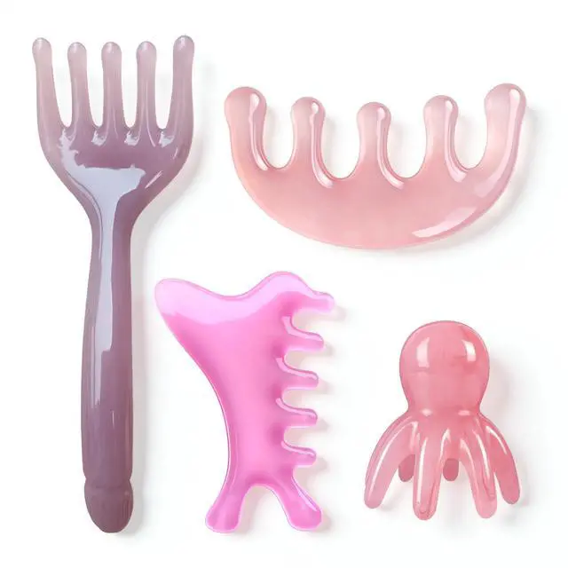 Main image of 4 Pcs All-in-One Head Massager Set: Scalp Comb, Gua Sha, Octopus & Five Claw Tool for Stress Relief, Relaxation, Acupressure - Gift for Christmas, Birthday, Mother's Day, Father's Day (Pink)