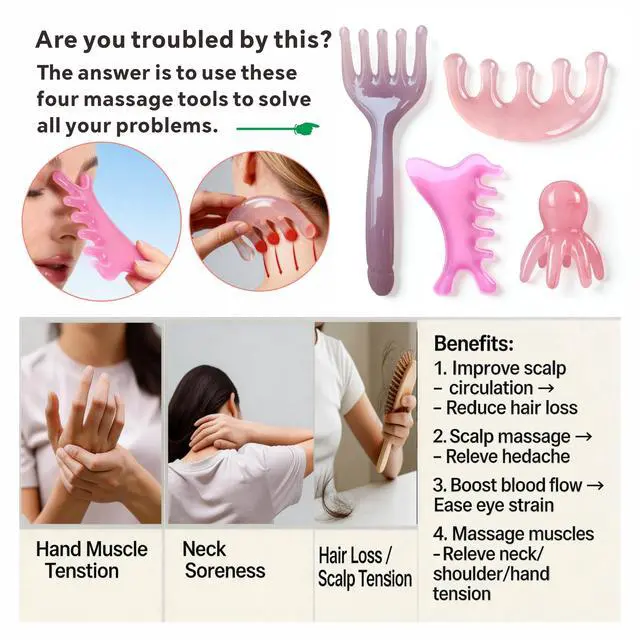 Alt view image 3 of 7 - 4 Pcs All-in-One Head Massager Set: Scalp Comb, Gua Sha, Octopus & Five Claw Tool for Stress Relief, Relaxation, Acupressure - Gift for Christmas, Birthday, Mother's Day, Father's Day (Pink)