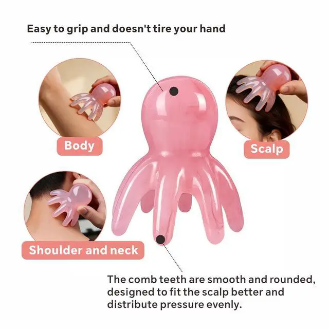 Alt view image 7 of 7 - 4 Pcs All-in-One Head Massager Set: Scalp Comb, Gua Sha, Octopus & Five Claw Tool for Stress Relief, Relaxation, Acupressure - Gift for Christmas, Birthday, Mother's Day, Father's Day (Pink)