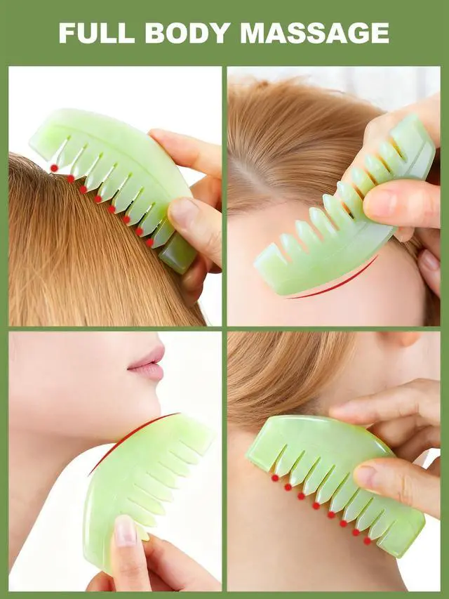 Alt view image 6 of 7 - 2 PCS Natural Jade Massage Comb, Guasha Scraping Scalp Comb, Multi-Functional Handheld Head Massage Tools, Meridians Massager for Head Caring, Relaxation, Physical Therapy, Acupoint Treatment