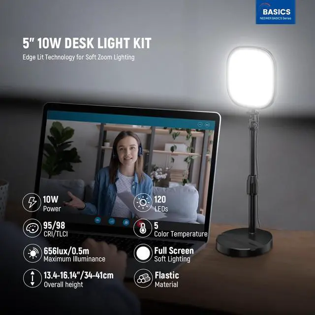 Alt view image 2 of 7 - Basics 5" Full Screen LED Ring Light with Stand for Desk Video Calls, CRI95, 10W Bi Color Edge Lit Zoom Conference Lighting for Computer Laptop Webcam Phone Streaming Recording, NL10