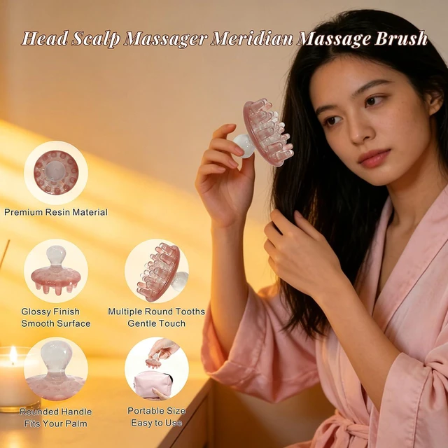 Alt view image 3 of 6 - Head Scalp Massage Tool Meridian Acupoint Massager Brush Hair Scrubber Pink