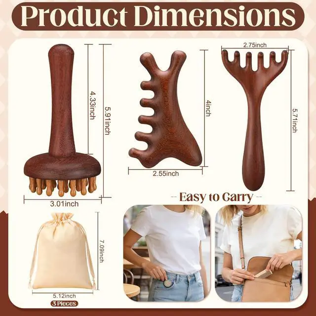 Alt view image 2 of 7 - 3 Pcs Wooden Head Scalp Massager Comb, Long Handle Head Massage Tool for Relaxation Hair Gua Sha Comb
