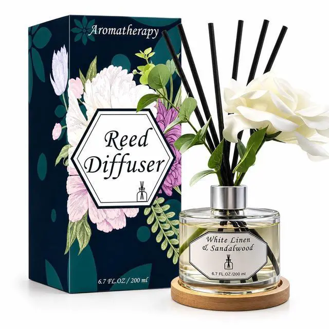 Main image of Reed Diffuser Set, White Linen & Sandalwood 6.7 fl oz Oil Scent Diffuser with Sticks, Home Fragrance Diffuser for Bathroom Bedroom Office Shelf Décor