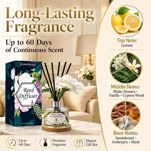 Alt view image 2 of 7 - Reed Diffuser Set, White Linen & Sandalwood 6.7 fl oz Oil Scent Diffuser with Sticks, Home Fragrance Diffuser for Bathroom Bedroom Office Shelf Décor