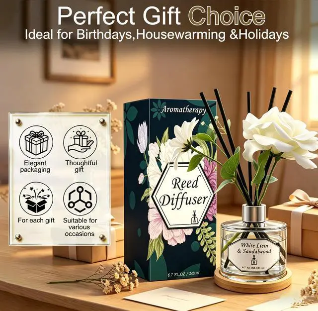 Alt view image 5 of 7 - Reed Diffuser Set, White Linen & Sandalwood 6.7 fl oz Oil Scent Diffuser with Sticks, Home Fragrance Diffuser for Bathroom Bedroom Office Shelf Décor