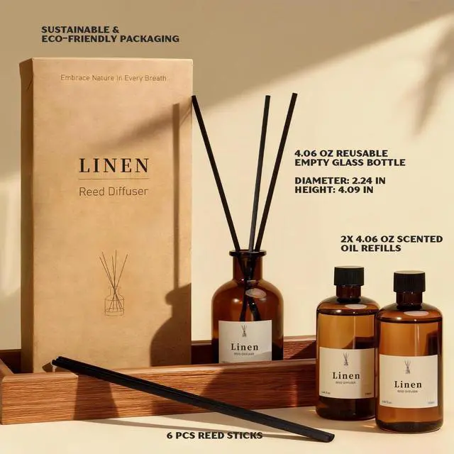 Alt view image 3 of 7 - Reed Diffuser Set, 8.12 fl.oz Linen Scented Oil Diffuser, Home Fragrance Reed Diffusers for Bathroom Shelf Decor & Air Fresheners - Includes Reed Diffuser Sticks, 2 Pack Fragrance Oil & Glass Bottle