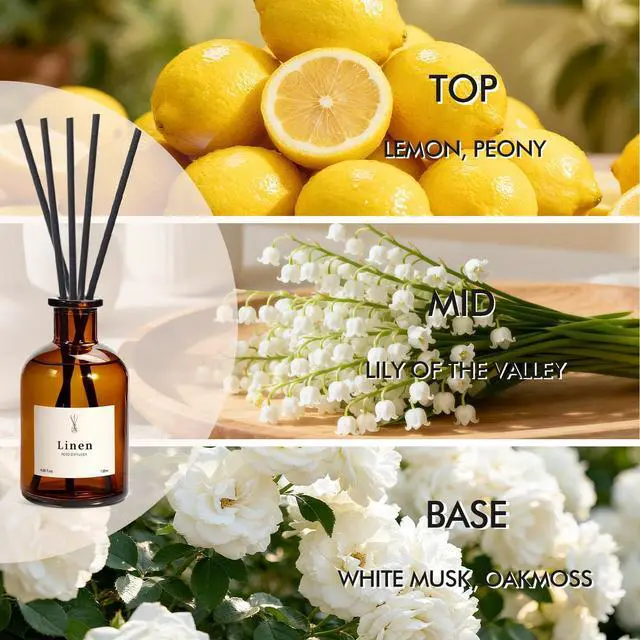 Alt view image 2 of 7 - Reed Diffuser Set, 8.12 fl.oz Linen Scented Oil Diffuser, Home Fragrance Reed Diffusers for Bathroom Shelf Decor & Air Fresheners - Includes Reed Diffuser Sticks, 2 Pack Fragrance Oil & Glass Bottle