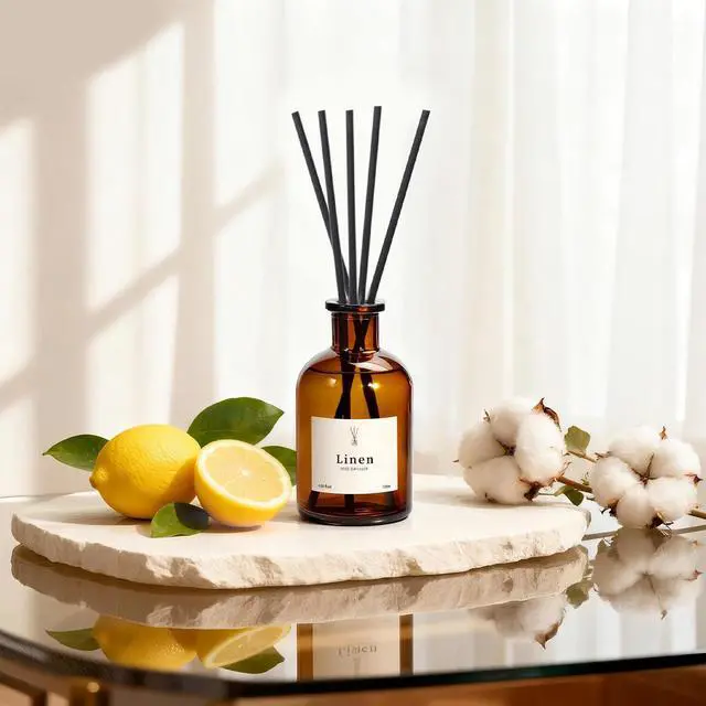 Alt view image 4 of 7 - Reed Diffuser Set, 8.12 fl.oz Linen Scented Oil Diffuser, Home Fragrance Reed Diffusers for Bathroom Shelf Decor & Air Fresheners - Includes Reed Diffuser Sticks, 2 Pack Fragrance Oil & Glass Bottle