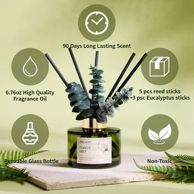 Alt view image 2 of 7 - Reed Diffuser Set with 6.76 fl oz Forest Mist Scent Essential Oils and 3 Leaves & 8 Diffuser Sticks,Bathroom Shelf Decor & Air Freshener, House Bedroom Office Decor & Gifts