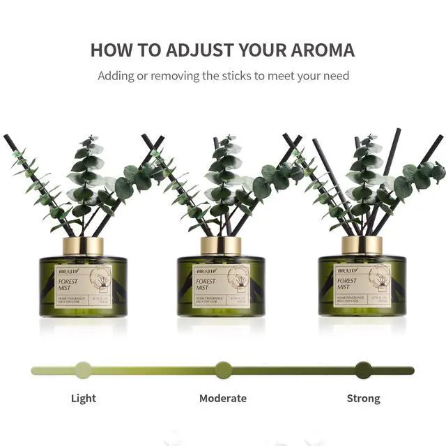 Alt view image 3 of 7 - Reed Diffuser Set with 6.76 fl oz Forest Mist Scent Essential Oils and 3 Leaves & 8 Diffuser Sticks,Bathroom Shelf Decor & Air Freshener, House Bedroom Office Decor & Gifts