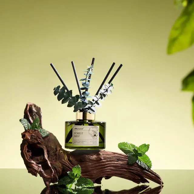 Alt view image 4 of 7 - Reed Diffuser Set with 6.76 fl oz Forest Mist Scent Essential Oils and 3 Leaves & 8 Diffuser Sticks,Bathroom Shelf Decor & Air Freshener, House Bedroom Office Decor & Gifts