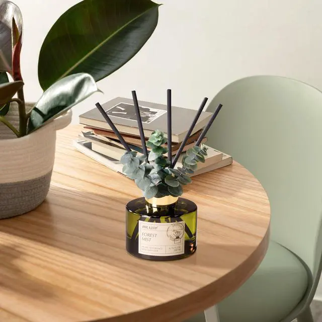 Alt view image 5 of 7 - Reed Diffuser Set with 6.76 fl oz Forest Mist Scent Essential Oils and 3 Leaves & 8 Diffuser Sticks,Bathroom Shelf Decor & Air Freshener, House Bedroom Office Decor & Gifts