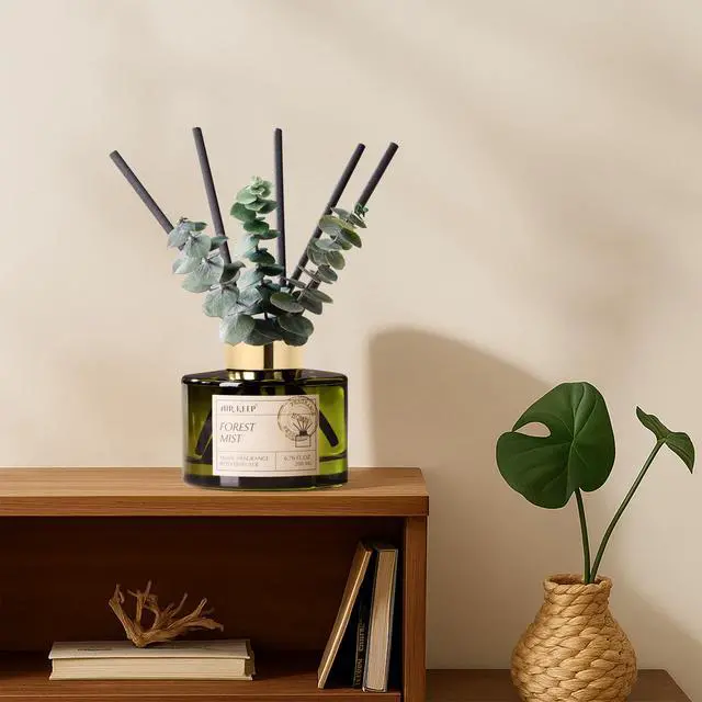 Alt view image 7 of 7 - Reed Diffuser Set with 6.76 fl oz Forest Mist Scent Essential Oils and 3 Leaves & 8 Diffuser Sticks,Bathroom Shelf Decor & Air Freshener, House Bedroom Office Decor & Gifts