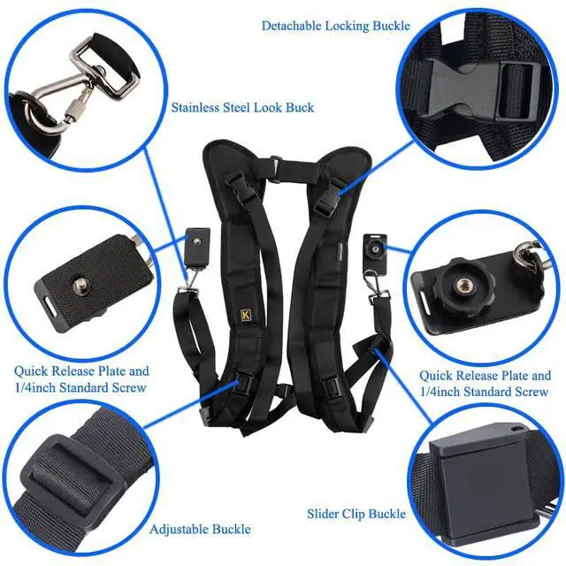 Alt view image 4 of 7 - Dual Shoulder Camera Strap Harness Quick Release Adjustable Double Camera Tether Strap Belt With 1/4 inch Screw for DSLR SLR Camera