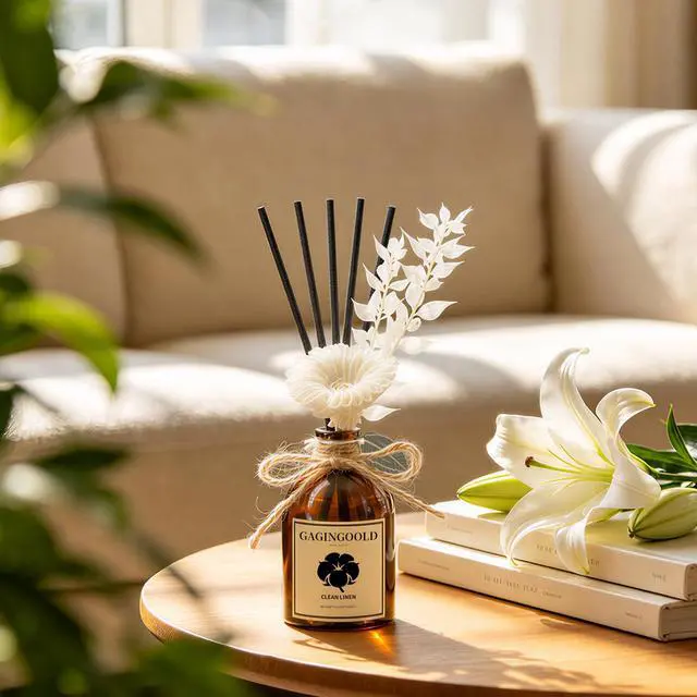 Alt view image 3 of 7 - Reed Diffuser Set, Fresh Linen Scent Diffuser with 10 Sticks & Decorative Flower, Long Lasting Diffusers for Home Fragrance, Vintage Decor for Bathroom Bedroom Office Shelf, 5 Fl.oz