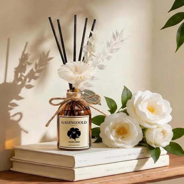 Alt view image 5 of 7 - Reed Diffuser Set, Fresh Linen Scent Diffuser with 10 Sticks & Decorative Flower, Long Lasting Diffusers for Home Fragrance, Vintage Decor for Bathroom Bedroom Office Shelf, 5 Fl.oz