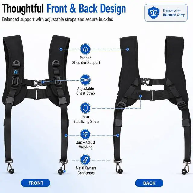 Alt view image 3 of 7 - Dual Camera Shoulder Harness for DSLR SLR Cameras with Quick Release