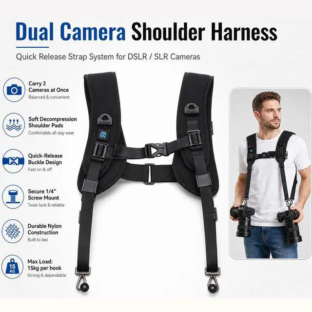 Alt view image 4 of 7 - Dual Camera Shoulder Harness for DSLR SLR Cameras with Quick Release