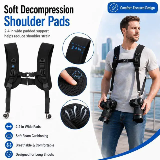 Alt view image 5 of 7 - Dual Camera Shoulder Harness for DSLR SLR Cameras with Quick Release