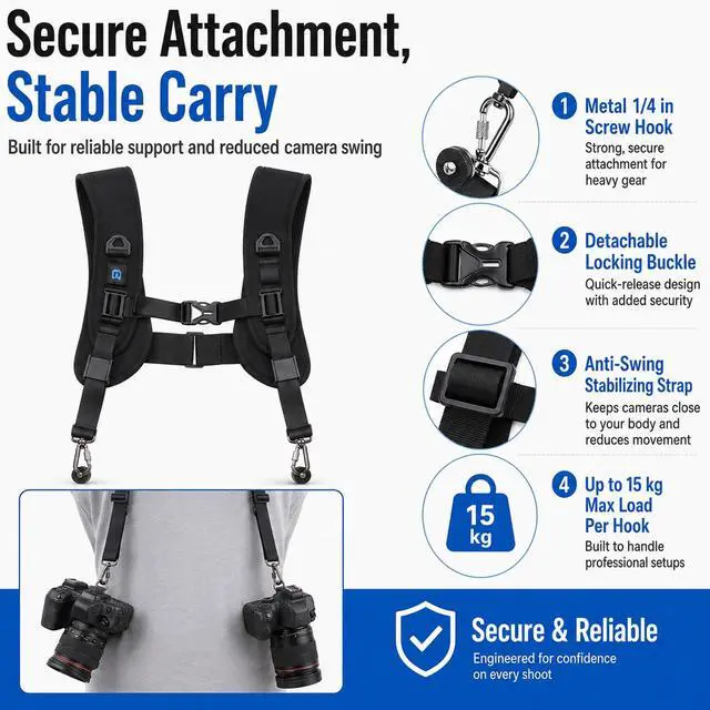 Alt view image 6 of 7 - Dual Camera Shoulder Harness for DSLR SLR Cameras with Quick Release