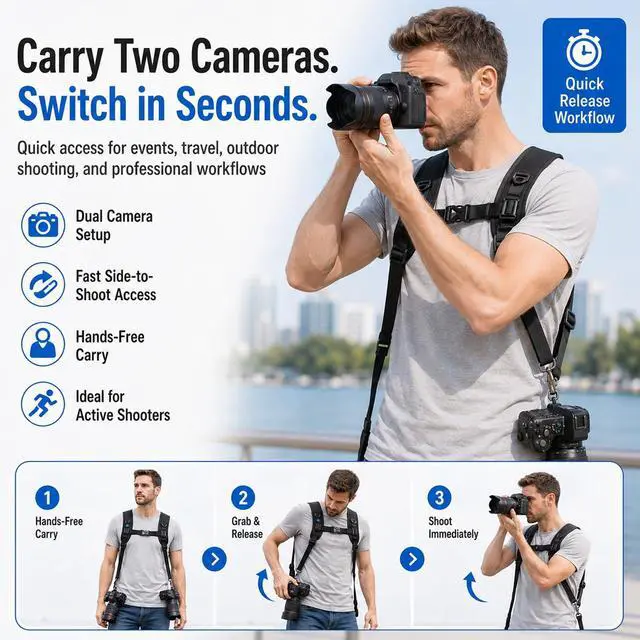 Alt view image 7 of 7 - Dual Camera Shoulder Harness for DSLR SLR Cameras with Quick Release