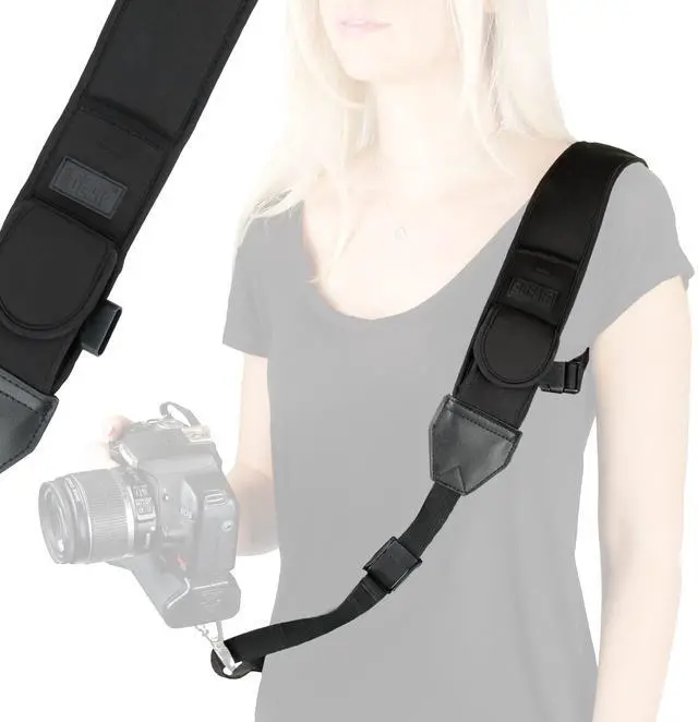 Main image of Camera Sling Shoulder Strap with Adjustable Neoprene, Safety Tether, Accessory Pocket, Quick Release Buckle - Compatible with Canon, Nikon, Sony and More DSLR and Mirrorless Cameras (Black)