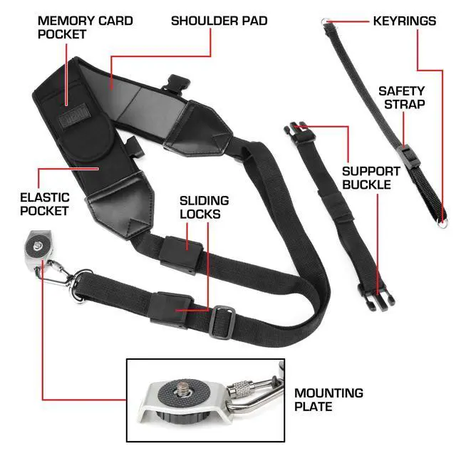 Alt view image 3 of 7 - Camera Sling Shoulder Strap with Adjustable Neoprene, Safety Tether, Accessory Pocket, Quick Release Buckle - Compatible with Canon, Nikon, Sony and More DSLR and Mirrorless Cameras (Black)
