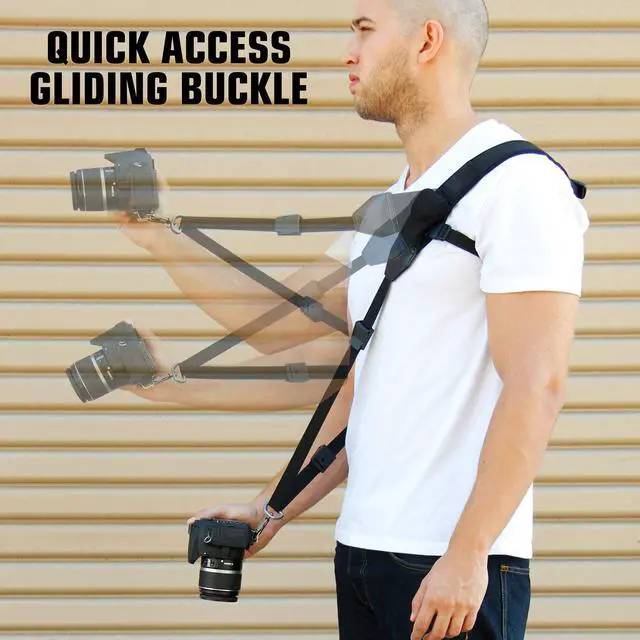 Alt view image 4 of 7 - Camera Sling Shoulder Strap with Adjustable Neoprene, Safety Tether, Accessory Pocket, Quick Release Buckle - Compatible with Canon, Nikon, Sony and More DSLR and Mirrorless Cameras (Black)