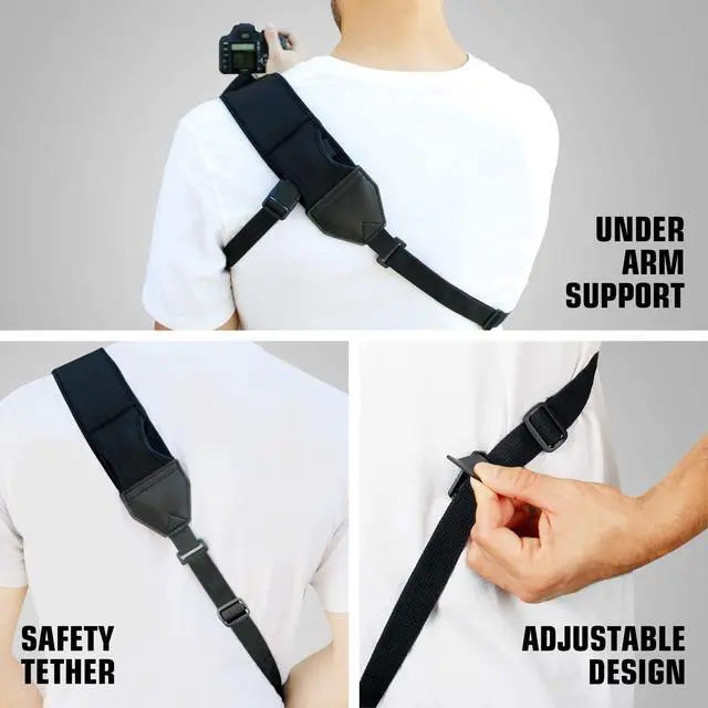 Alt view image 6 of 7 - Camera Sling Shoulder Strap with Adjustable Neoprene, Safety Tether, Accessory Pocket, Quick Release Buckle - Compatible with Canon, Nikon, Sony and More DSLR and Mirrorless Cameras (Black)