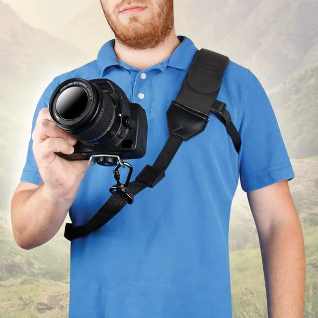 Alt view image 7 of 7 - Camera Sling Shoulder Strap with Adjustable Neoprene, Safety Tether, Accessory Pocket, Quick Release Buckle - Compatible with Canon, Nikon, Sony and More DSLR and Mirrorless Cameras (Black)