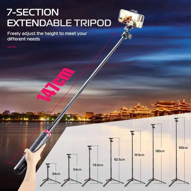 Alt view image 4 of 7 - MT-44 Auto Open Phone Tripod, 59" Extendable Selfie Stick Vlog Stand