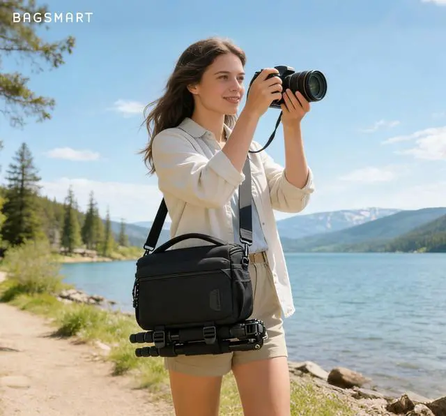 Alt view image 7 of 7 - Camera Sling Bag with Tripod Holder & Rain Cover, Black