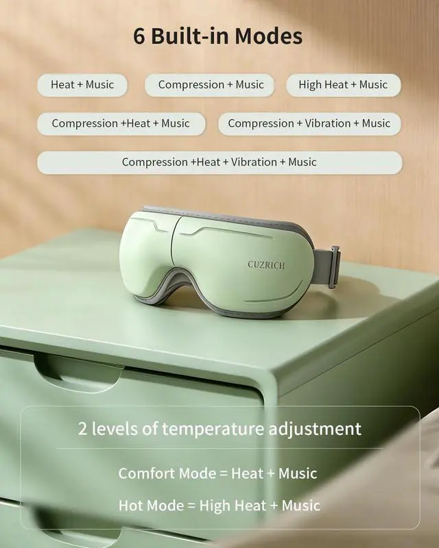 Alt view image 4 of 7 - Eye Massager with Heat and Compression - Avocado Green Heated Eye Mask with Vibration, Bluetooth Music, 6 Modes, Rechargeable 1200mAh Battery for Eye Strain, Dry Eyes, Migraines Relief