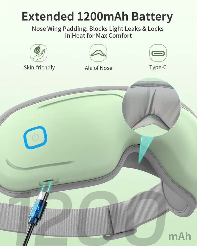Alt view image 6 of 7 - Eye Massager with Heat and Compression - Avocado Green Heated Eye Mask with Vibration, Bluetooth Music, 6 Modes, Rechargeable 1200mAh Battery for Eye Strain, Dry Eyes, Migraines Relief