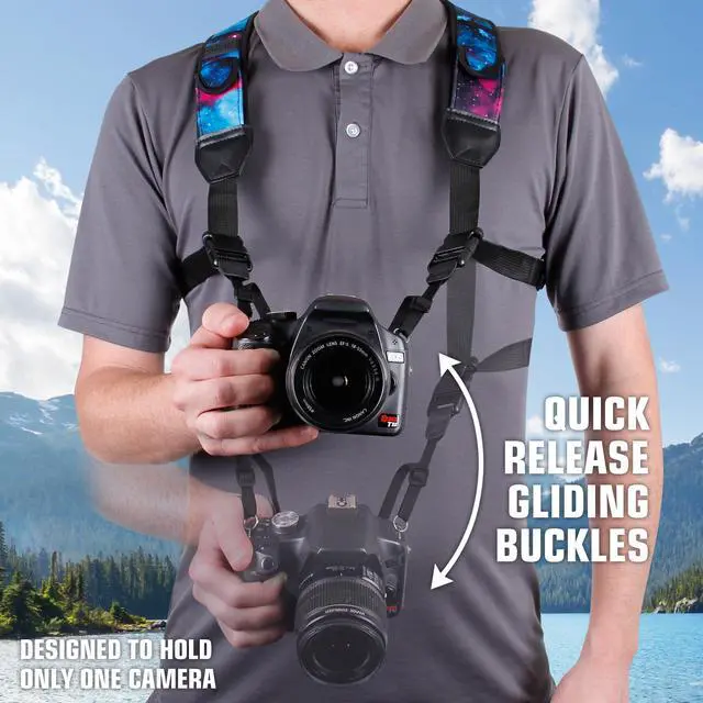 Alt view image 2 of 7 - DSLR Camera Strap Chest Harness with Quick Release Buckles, Galaxy Neoprene Pattern and Accessory Pockets - Compatible with Canon, Nikon, Sony and More Point and Shoot and Mirrorless Cameras