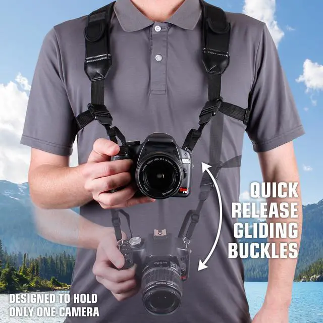 Alt view image 2 of 7 - DSLR Camera Strap Chest Harness with Quick Release Buckles, Black Neoprene Pattern and Accessory Pockets - Compatible with Canon, Nikon, Sony and More Point and Shoot and Mirrorless Cameras
