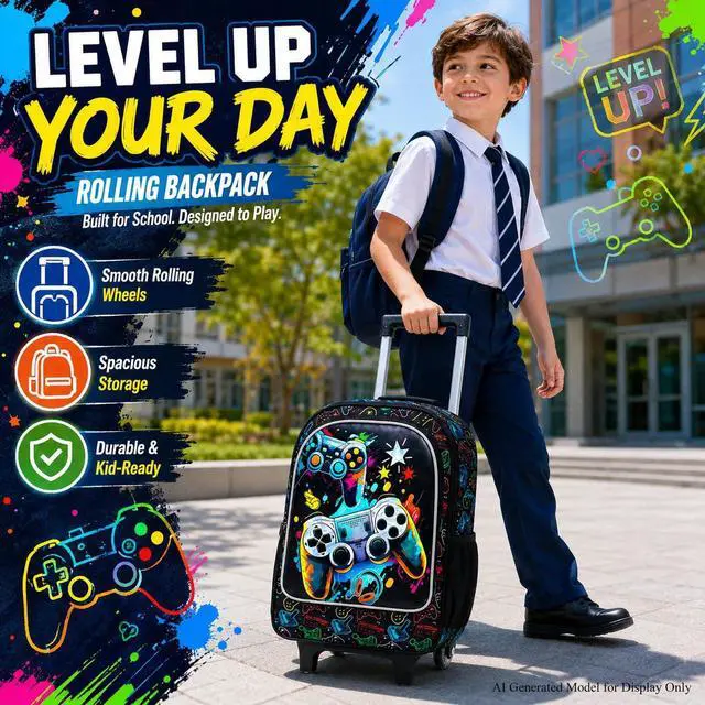 Alt view image 2 of 7 - Rolling Backpack for Boys, 3PCS Kids Roller Bookbag with Lunch Bag, Wheeled School Bag for Children - Game Console