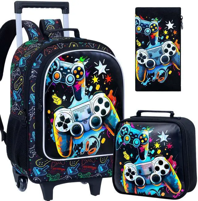 Main image of Rolling Backpack for Boys, 3PCS Kids Roller Bookbag with Lunch Bag, Wheeled School Bag for Children - Game Console