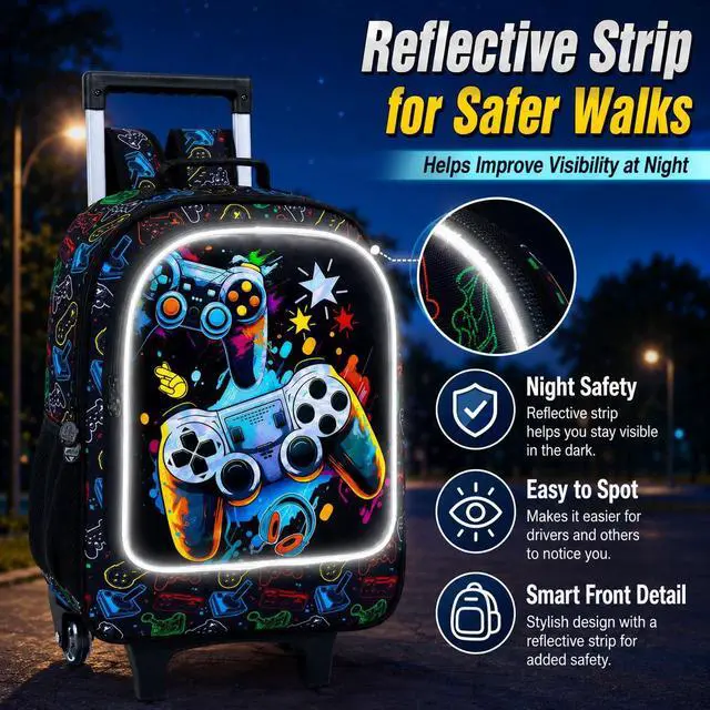 Alt view image 3 of 7 - Rolling Backpack for Boys, 3PCS Kids Roller Bookbag with Lunch Bag, Wheeled School Bag for Children - Game Console