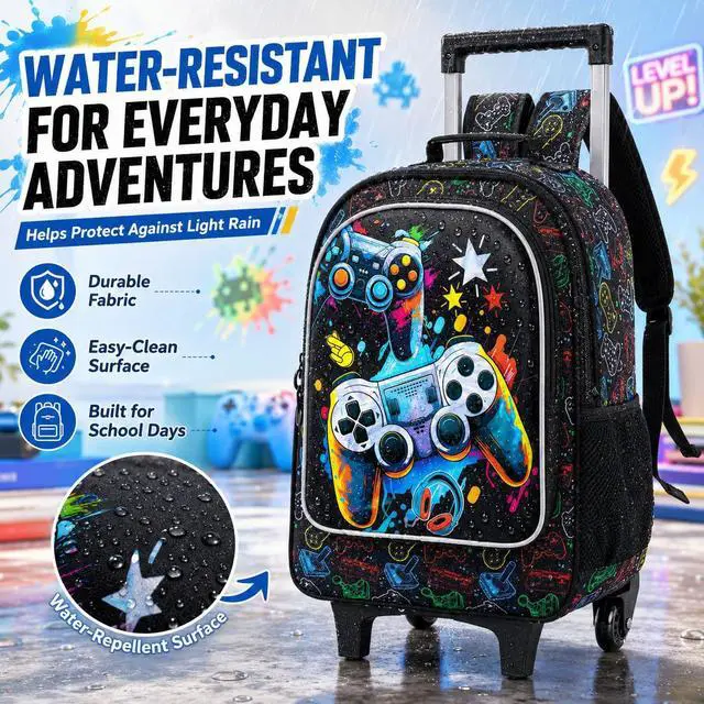 Alt view image 4 of 7 - Rolling Backpack for Boys, 3PCS Kids Roller Bookbag with Lunch Bag, Wheeled School Bag for Children - Game Console