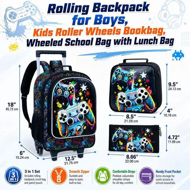 Alt view image 5 of 7 - Rolling Backpack for Boys, 3PCS Kids Roller Bookbag with Lunch Bag, Wheeled School Bag for Children - Game Console