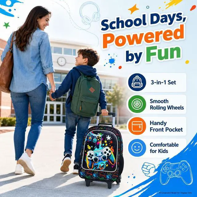 Alt view image 6 of 7 - Rolling Backpack for Boys, 3PCS Kids Roller Bookbag with Lunch Bag, Wheeled School Bag for Children - Game Console