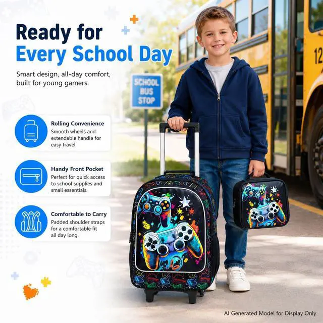 Alt view image 7 of 7 - Rolling Backpack for Boys, 3PCS Kids Roller Bookbag with Lunch Bag, Wheeled School Bag for Children - Game Console