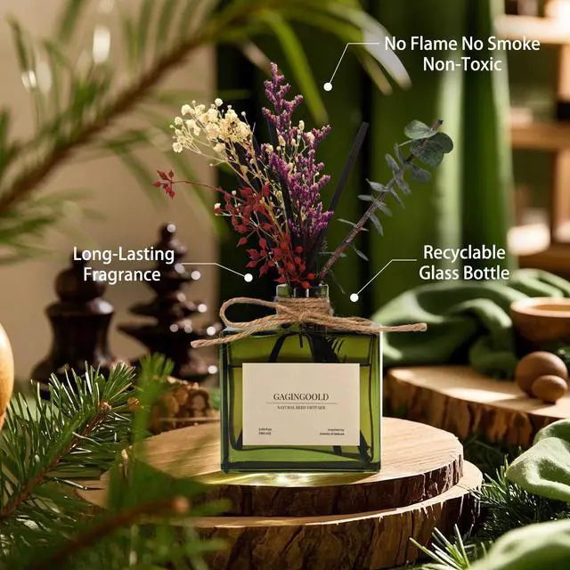 Alt view image 3 of 7 - Reed Diffuser, 6.09 oz Earthy Sandalwood Scent Diffuser with Sticks & Dried Flowers, 120 Days Long Lasting diffusers for Home, Elegant Fragrance for Bathroom Bedroom Office Decor Air Fresh